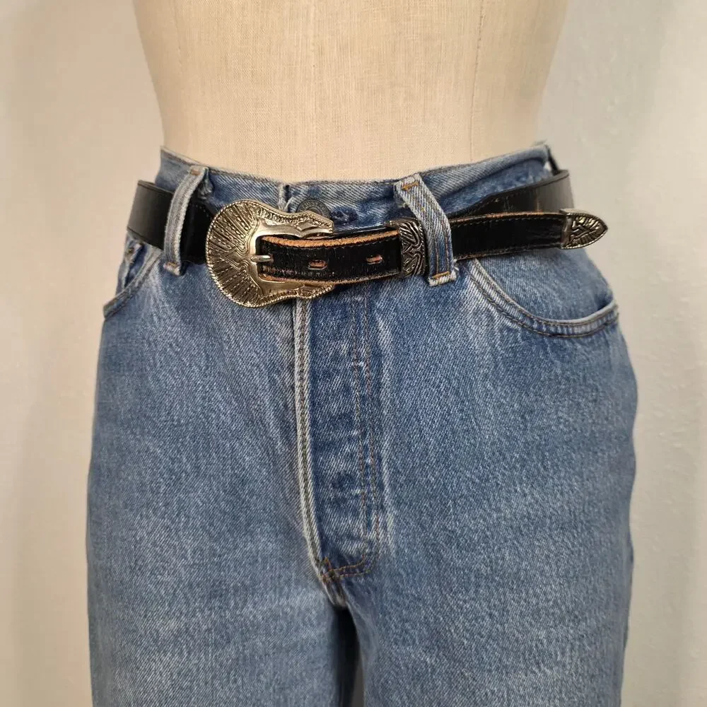 Vintage Black Leather Western Belt Size 34 Silver Buckle Distressed Cowboy
